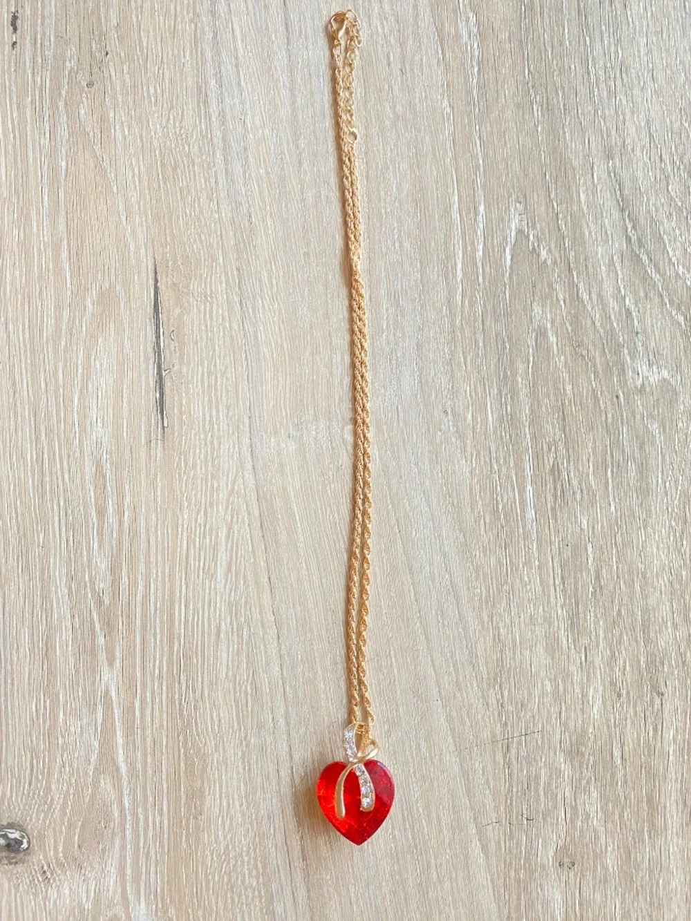 Red Crystal Heart Jewelry Set Gold Rope Chain Pendant Necklace Matching Dangle E